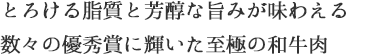 とろける脂質と芳醇な旨みが味わえる数々の優秀賞に輝いた至極の和牛肉