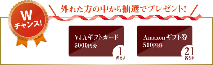 外れた方の中から抽選でプレゼント！ VJAギフトカード5000円分:1名様　Amazonギフト券500円分：21名様