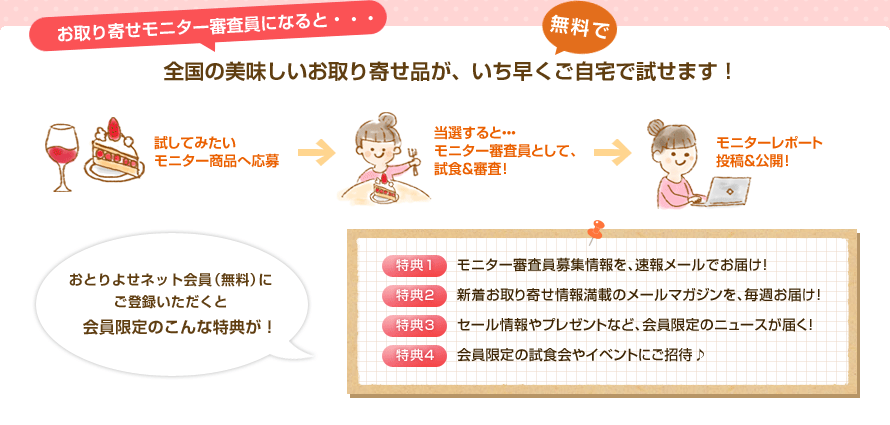 お取り寄せモニター審査員になると・・・全国の美味しいお取り寄せ品が、いち早くご自宅で試せます！